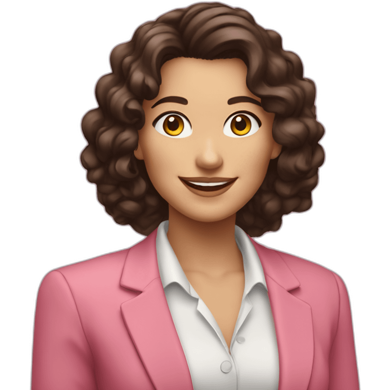 Caucasian Woman with long dark brown hair with loose curls, pretty smile, dressed with a pink blazer emoji