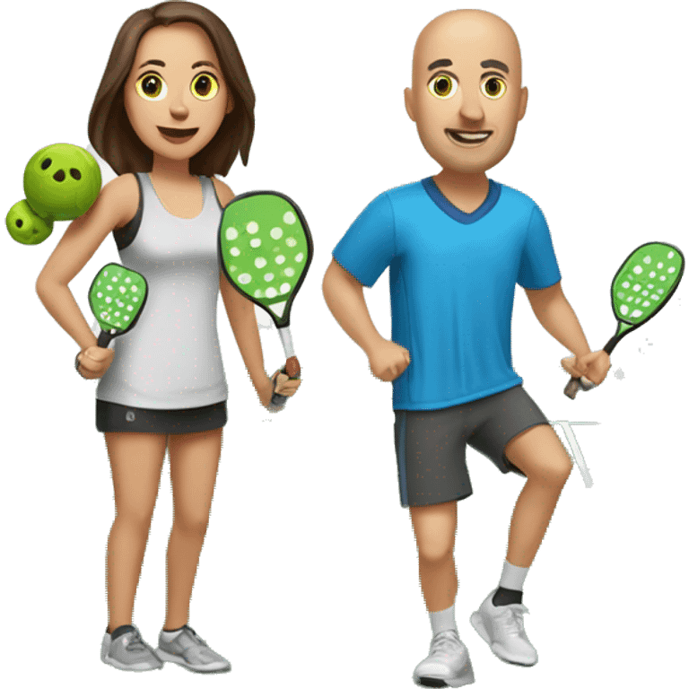 4 Caucasian people playing pickleball with 1 tall bald male, 1 shorter brown hair male, 1 girl with long brown hair, 1 girl  with brown hair emoji