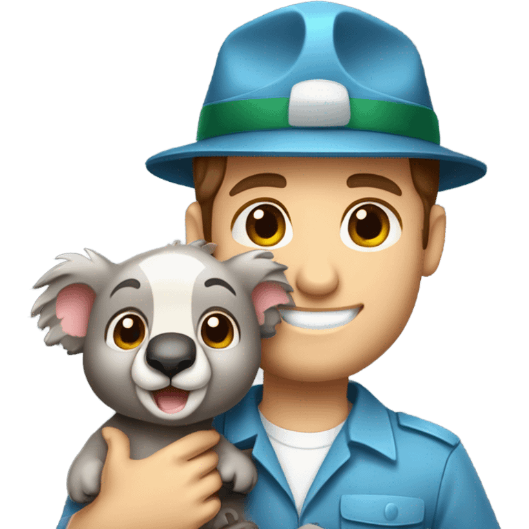 Caucasian brown hair male zookeeper holding cute koala emoji