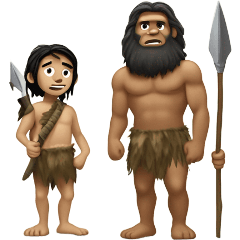 caveman neandrathal with spear standing next to tan boy with long black hair and camoflouge shirt on emoji