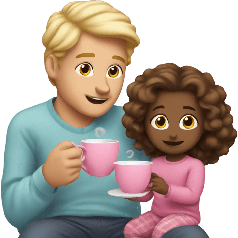 blonde dad drinks tea in pink cup with his babydaughter emoji