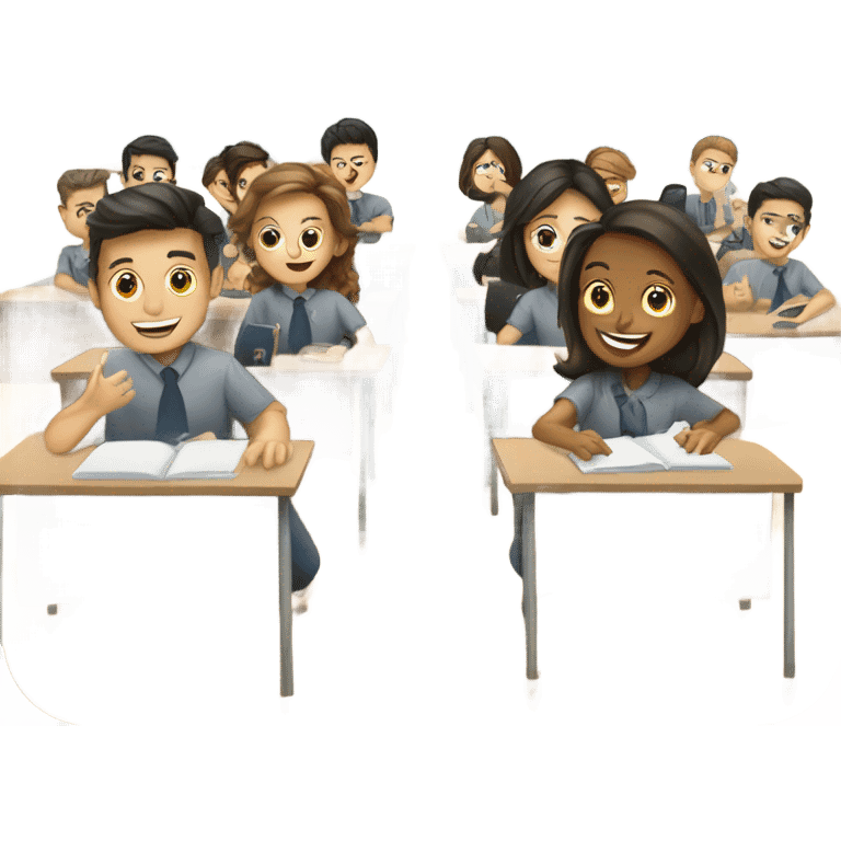 10 students at desks talking in pairs emoji