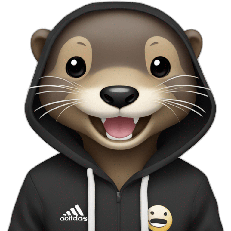 otter in black adidas hoodie with a wide smile emoji