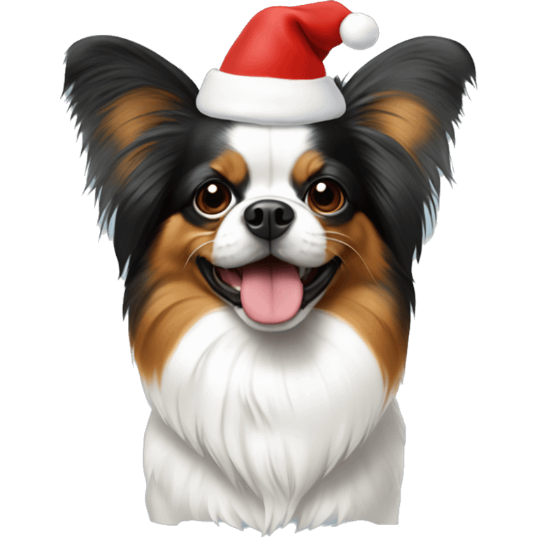 Tri color papillion wearing Santa hat emoji