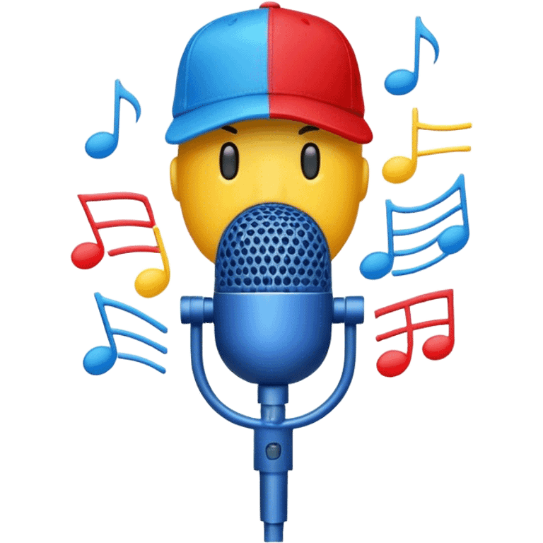 Create a dynamic and energetic emoji that represents beatboxing. The design should feature a microphone with a singing mouth and soundwaves or rhythmic beats emanating from it, symbolizing the vocal percussion and rhythm of beatboxing. Add a cap placed on top of the microphone to reflect street culture and the individuality of the performer. Include musical notes floating around to emphasize the musicality. Use bold, vibrant colors like neon blue, red, and yellow to convey energy and excitement. The background should be transparent. emoji