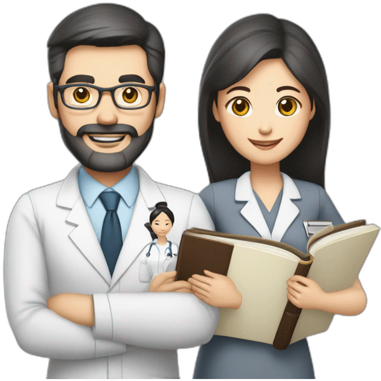 husband classic middle aged executive dark hair thin beard wearing business suit holding bible, with wife asian age 55 dark hair wearing nurse uniform emoji