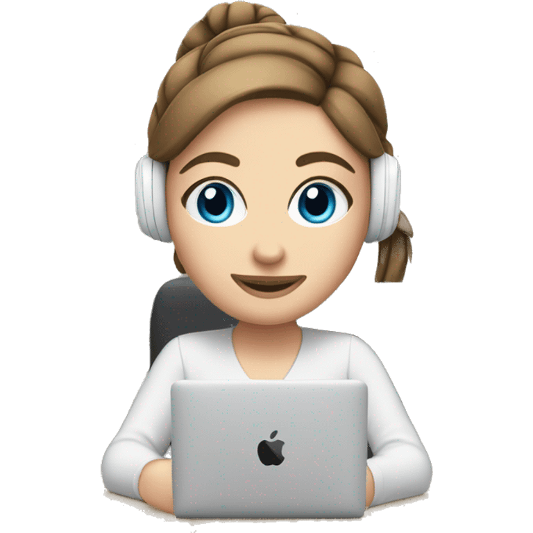 white girl at desk, brown hair, ponytail, blue eyes, computer, airpods emoji