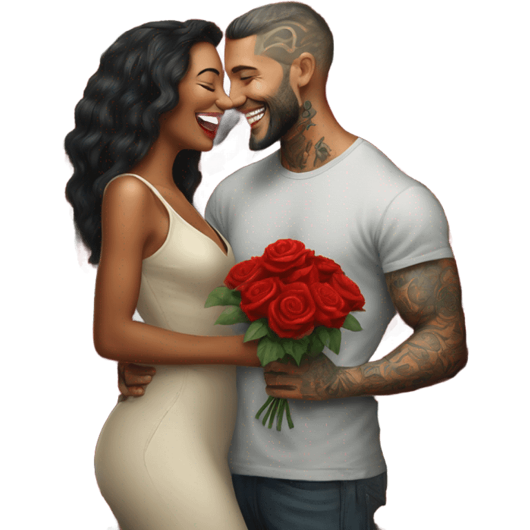 Hyper Realistic beautiful woman smells bouquet of bright red roses laughing with handsome tattooed man  emoji