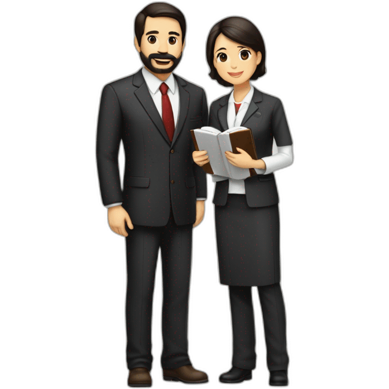 husband american age 55 dark brown hair trimmed beard wearing business suit holding bible together, wife asian age 55 black shoulder length hair wearing nurse uniform, no children emoji