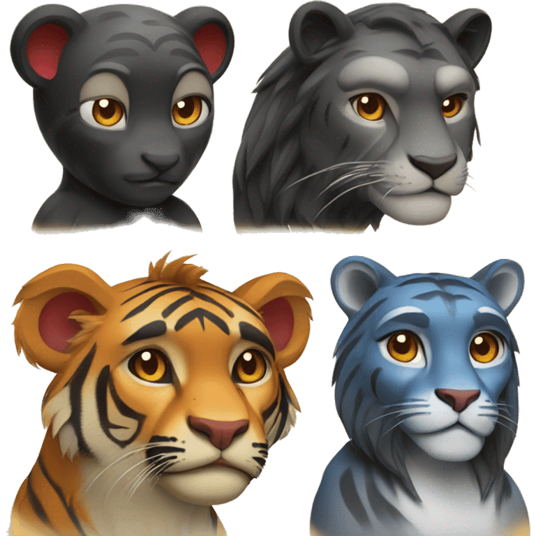 Create an emoji set of four main characters: a monkey, a tiger, a cat and a lioness. The main color is black, and the detail colors are: red for the tiger, blue for the cat, gold for the lioness, orange for the monkey emoji