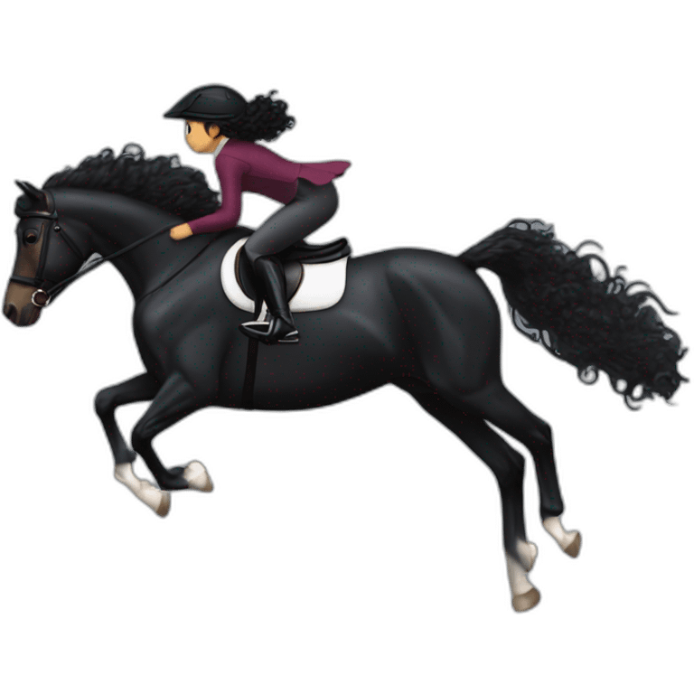 a  JET BLACK HORSE JUMPING AN OBTACLE, tHE HORSES RIDER IS A YOUNG FEMALE WITH LONG CURLY BRUNNET HAIR emoji