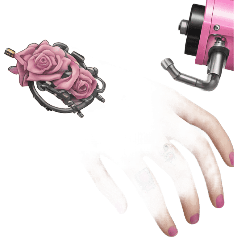 White-girl-hand with pink-tattoos holding a tattoo-coil-machine emoji