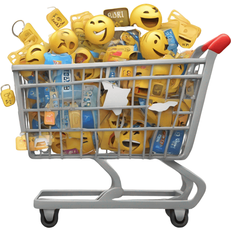 A shopping cart filled with sale tags and cashback symbols. emoji