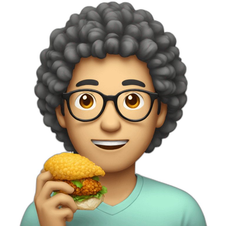 Asian man with round glasses and natural perm eating chicken emoji