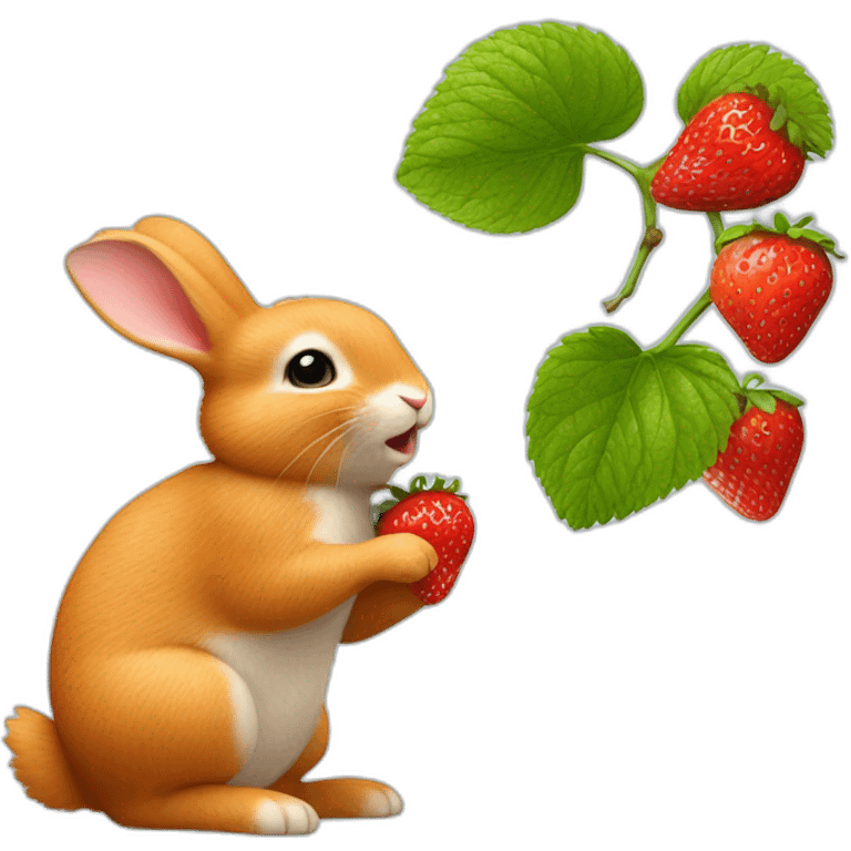 A little ginger bunny reaching up on its hind legs and eating a strawberry off a small branch emoji