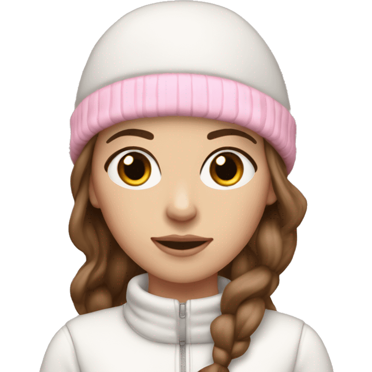 white girl with brown hair and black eyes wearing a white and pink winter outfit emoji