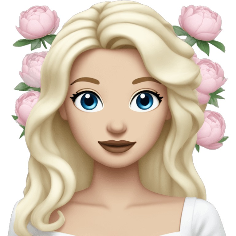 White bride with long light blonde hair and blue eyes with light pink peonies in hair white skin light pink lips emoji