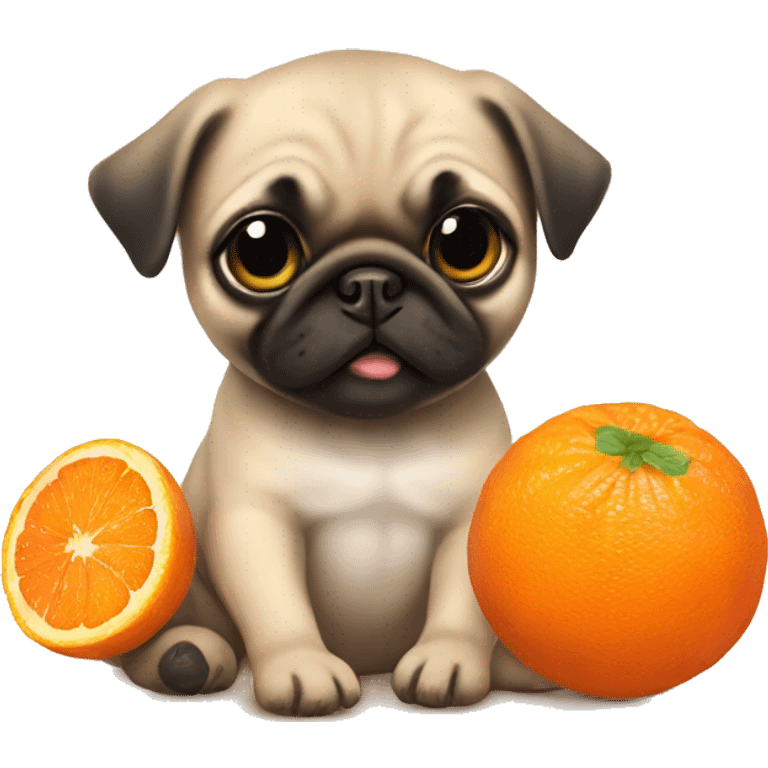 Baby pug playing with a mandarine emoji