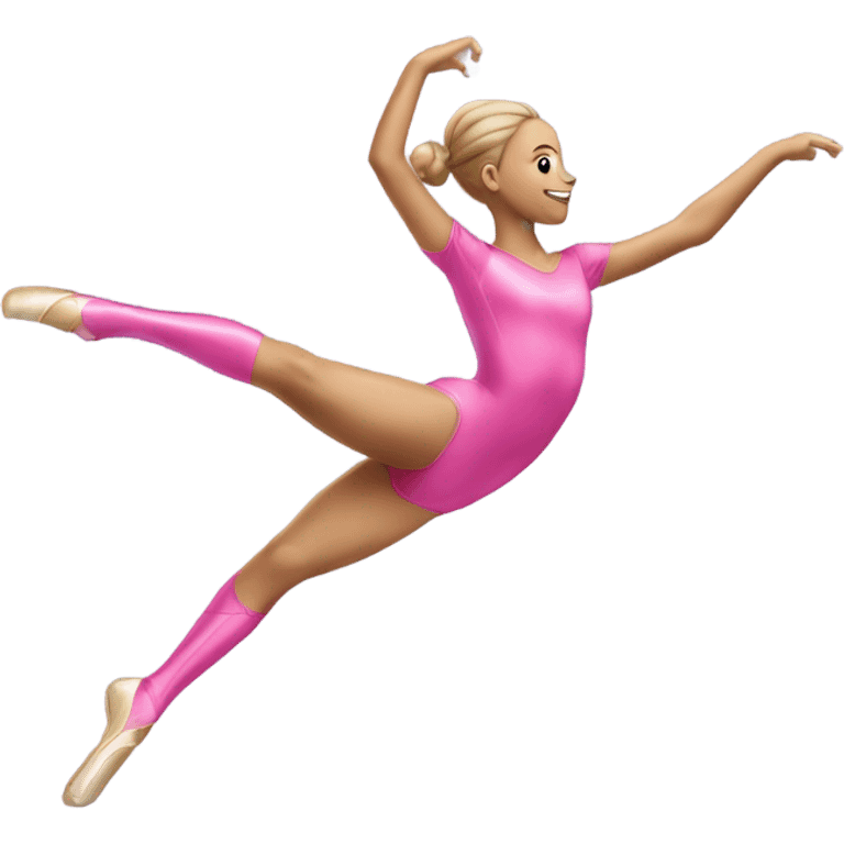 white rythmic gymnast jumping up in really flexible splits holding and twirling a ribbon in a pink leotard emoji