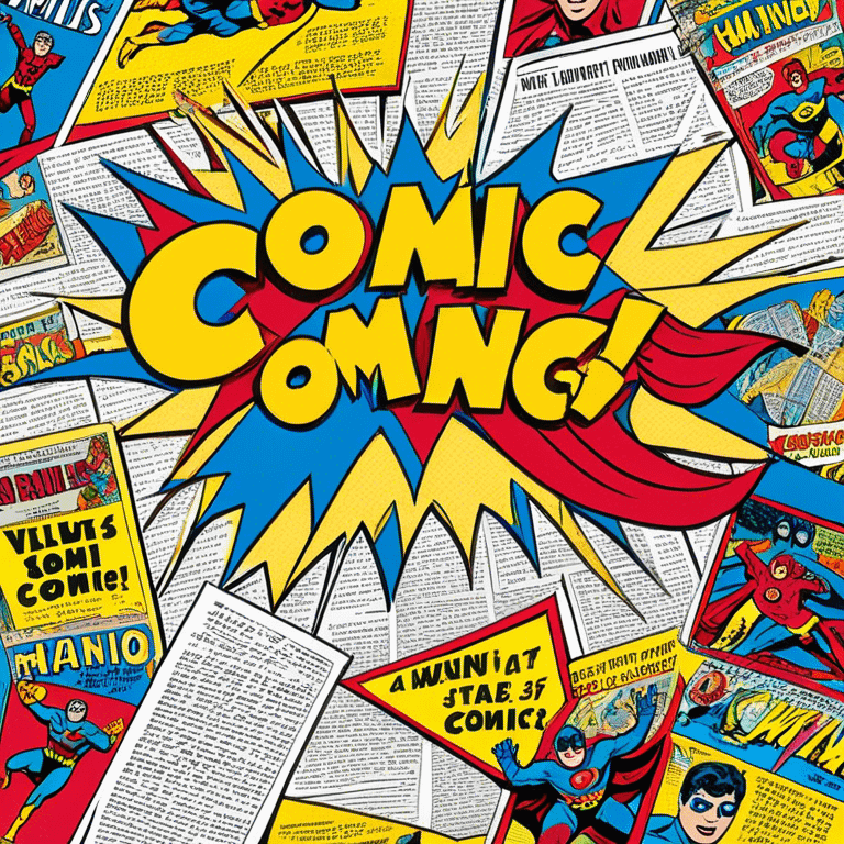 Create a vibrant emoji representing comic books and graphic novels. The design should feature a large, open comic book or vintage comic magazine with pages displaying classic comic art, with text. The comic pages should have bold, dynamic panels and action scenes. Include a pencil writing on the pages, but without a hand, to symbolize the artistic creation of comics. Use bright colors like red, blue, and yellow, with a retro feel to the design. Make the background transparent. emoji