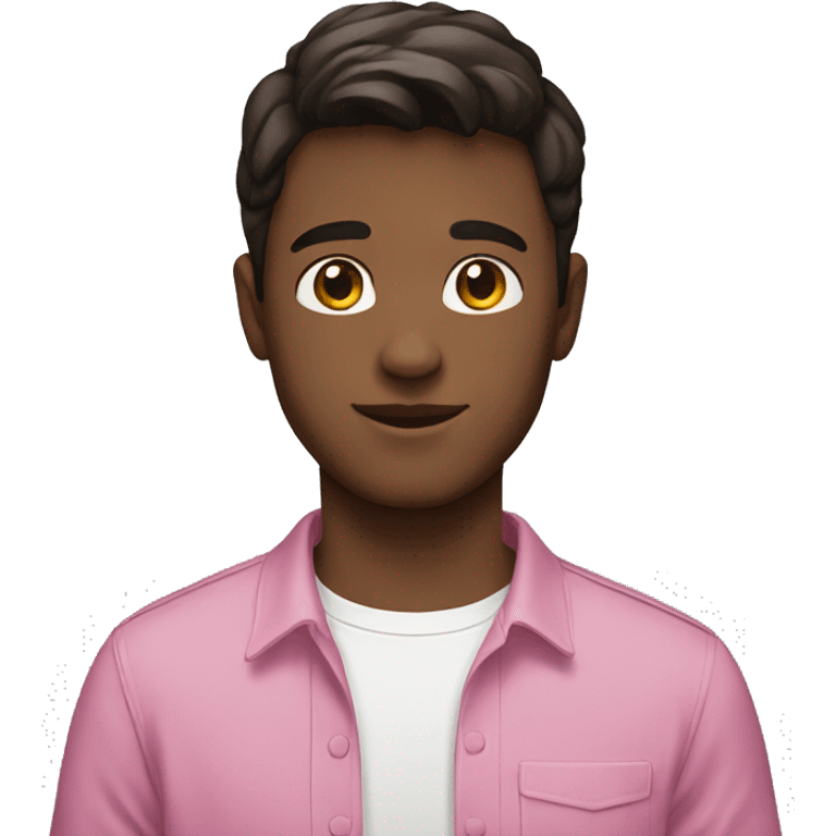 White boy with dark brown hair flipped to the side. Pink shirt.  emoji