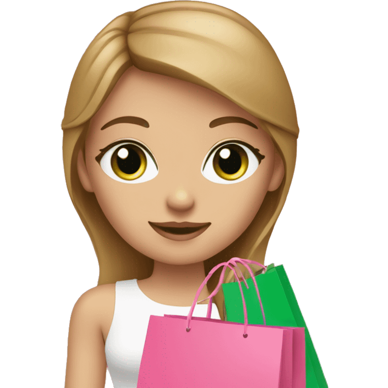 cute light brown hair with green eyes wearing pink surrounded by pink shopping bags emoji