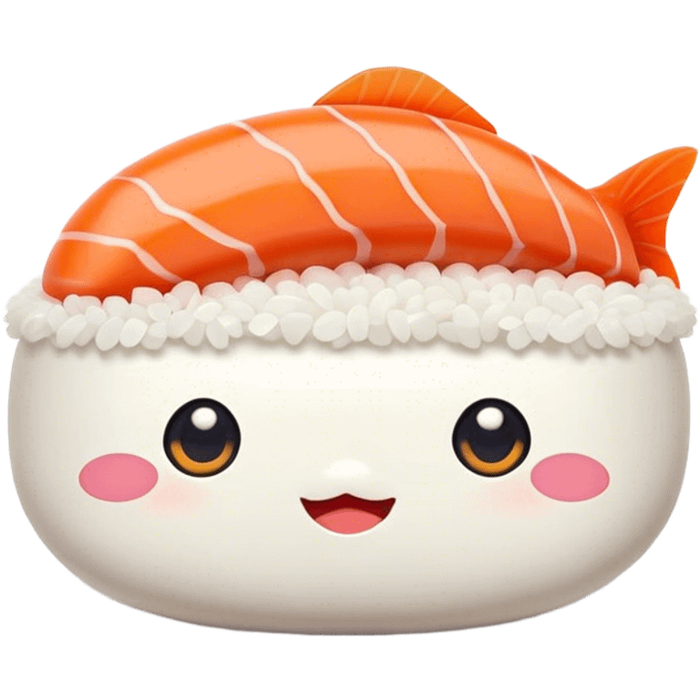 Cute Kawaii Nigiri Sushi, plump and happy, a soft white rice pillow topped with bright orange salmon, tiny blushing cheeks, big round eyes, a joyful floating expression! emoji