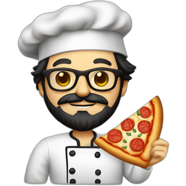 Dark haired chef with beard and big dark glasses holding a slice of pizza emoji