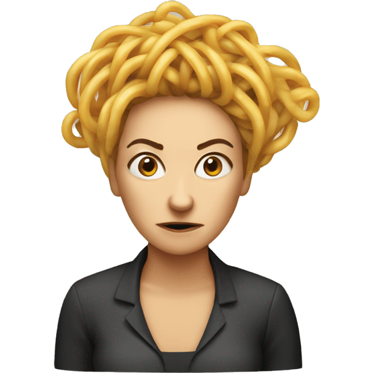 a slightly angry woman with spaghetti as hair, smoking emoji