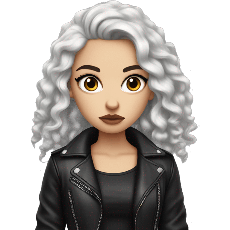 White girl, with long curly black hair, black winged eyeliner, wearing black shirt and black leather jacket, rolling her eyes annoyed emoji