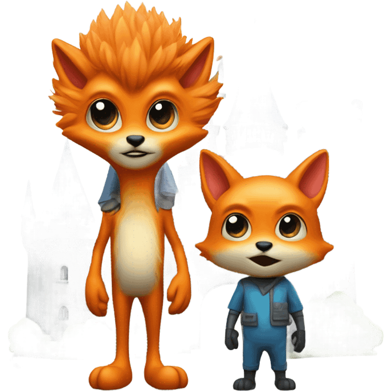 Alien and fox in front of a castle emoji