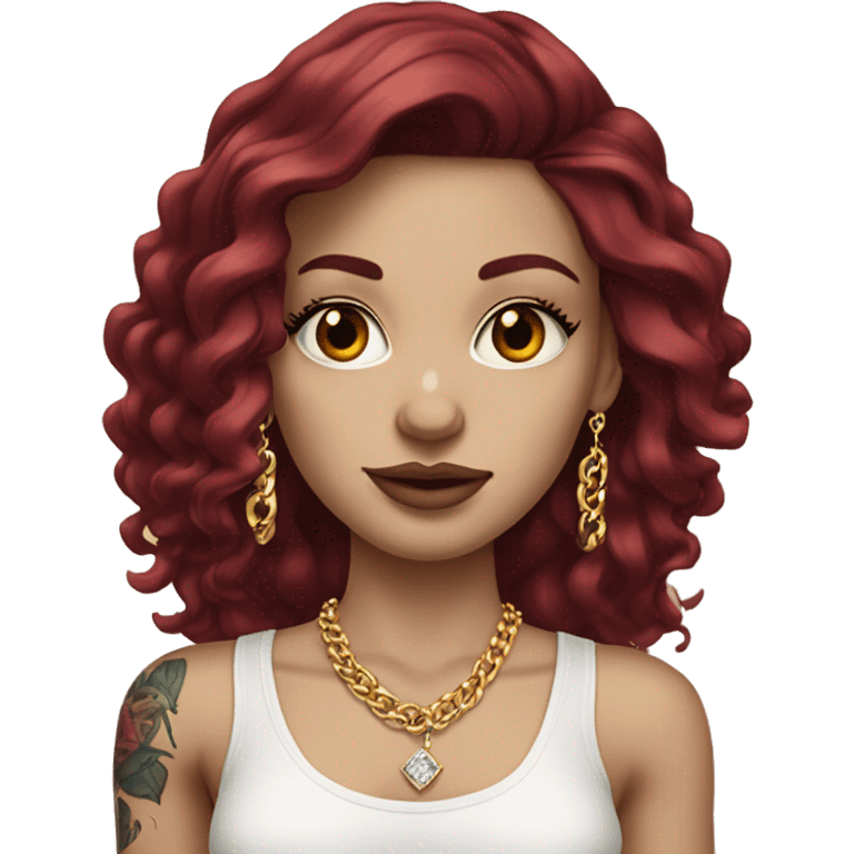 Pale white European girl with long burgundy hair, long eyelashes and has tattoos. She is wearing a crop top shirt and gold chain necklace and diamond earrings  emoji