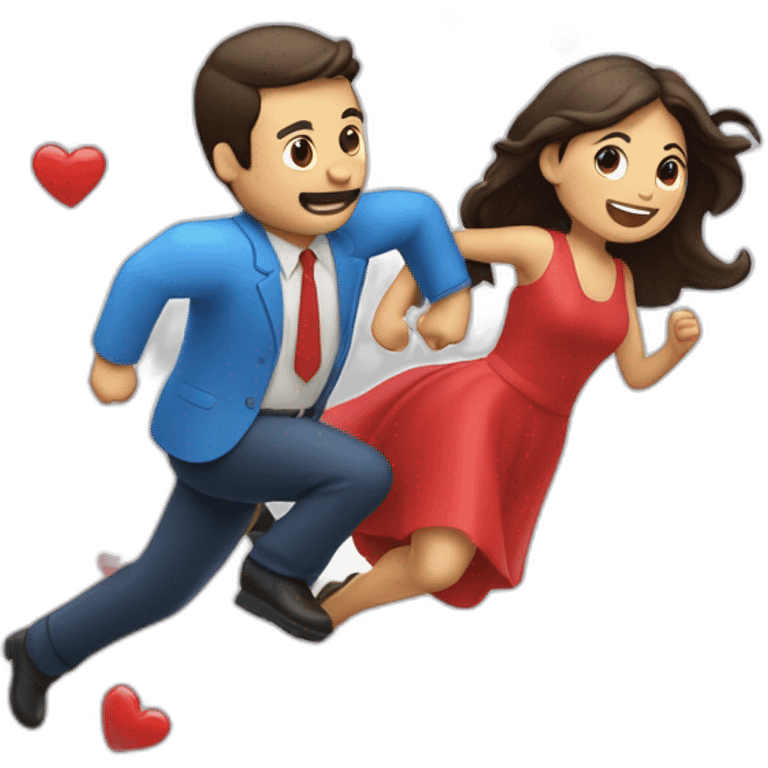 Un hombre y una mujer volando sobre un cohete y un corazón emoji