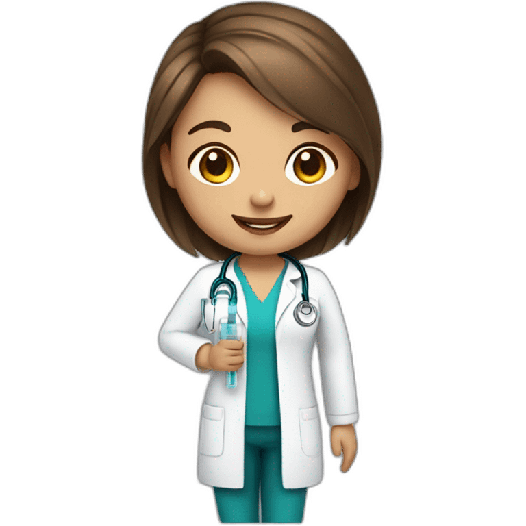 A brown hair girl doctor with light brown skin with syringe smiles emoji