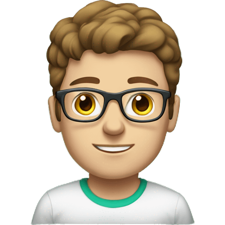 white young man with blue eyes and brown hair and square glasses wearing green t-shirt with laptop emoji