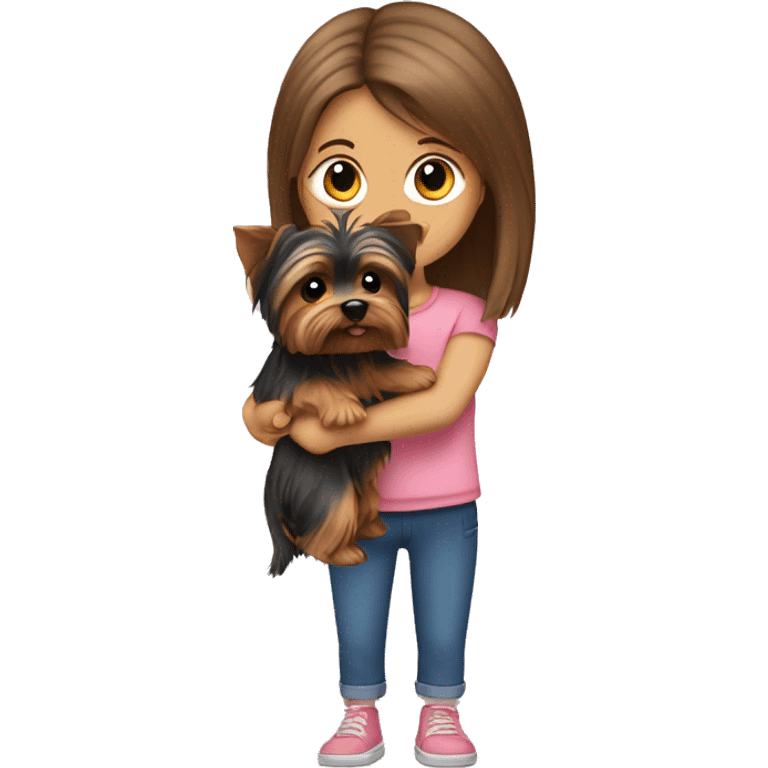 Yorkshire Terrier in the arms of a girl with brown hair emoji