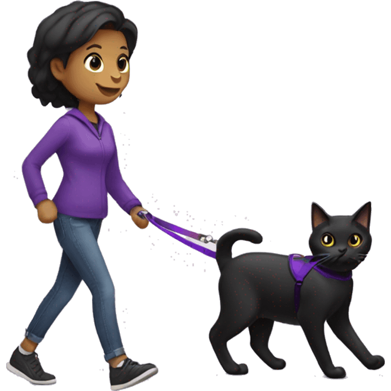 Black cat with a purple leash going for a walk with a dark hair female  emoji