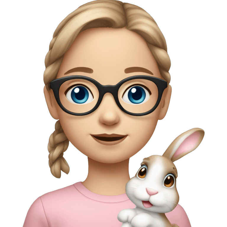 9 year old girl. Blue eyes. Rosy cheeks. Light brown medium length hair. Fair skin. Blue eyes. Glasses. Freckles on nose. Light pink lips. Holding white bunny emoji