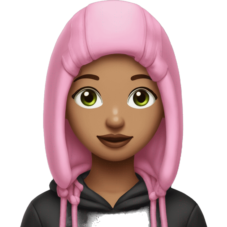 a girl with the following features: - Lavender pink ombre bob hairstyle - Green eyes - Freckles - Septum piercing - Black beanie hat - Black sweatshirt with a pink hood and pink laces emoji