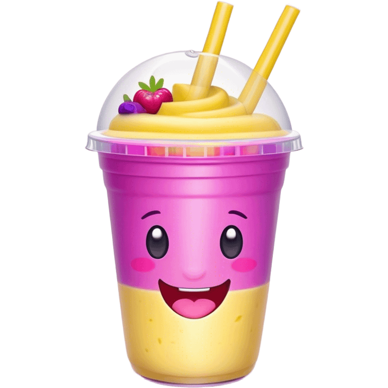 Cute Kawaii Smoothie Cup, filled with blended fruity goodness, a smiling face with excited eyes, bright colorful layers of pink, yellow, and purple, topped with a straw and tiny fruit slices! emoji