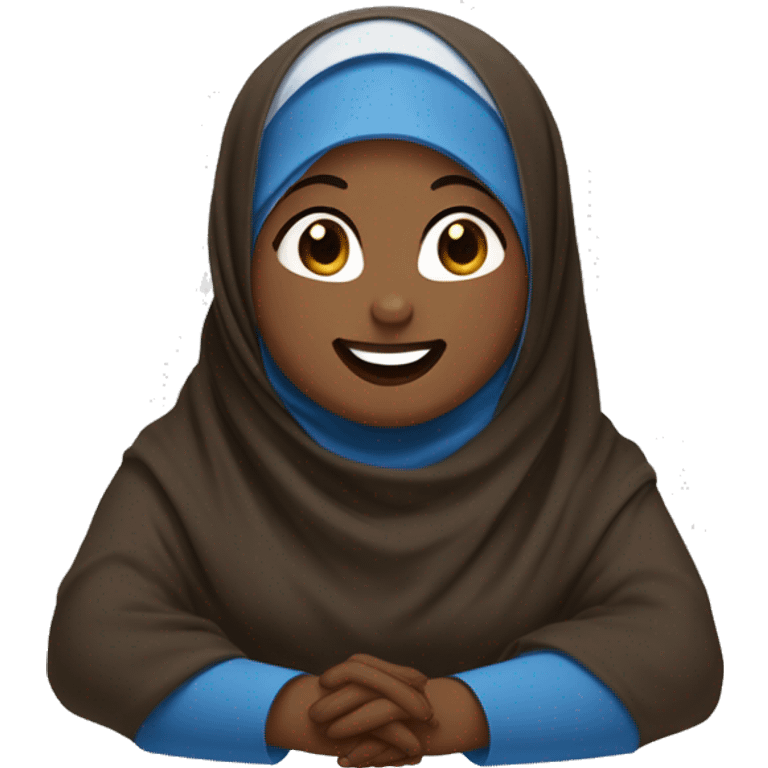 Black chubby Hijabi cry laughing sitting in brown abaya and white and blue hijab emoji