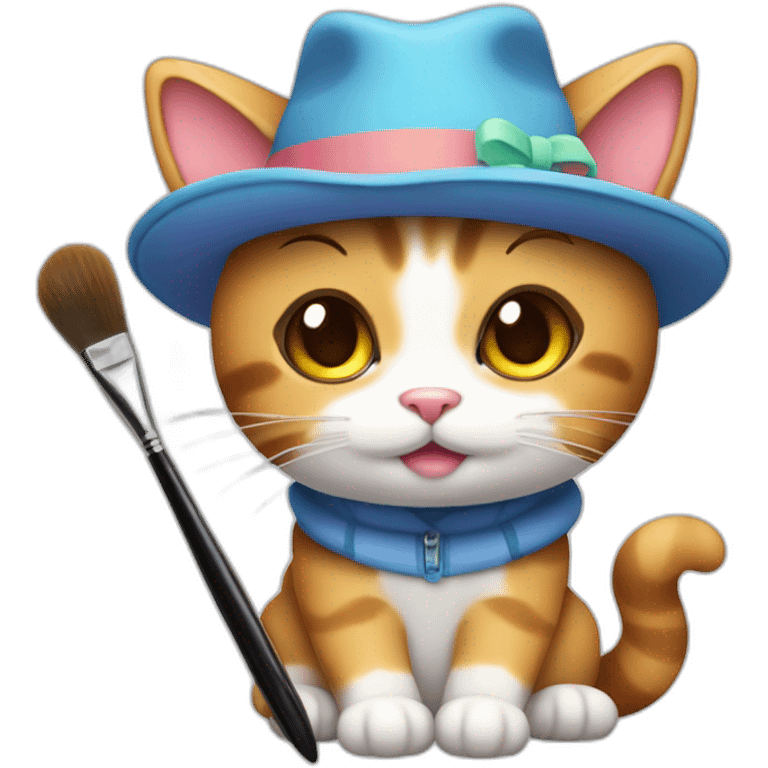 Kawaii cat artist in hat with palette and brush so it can be used as a mouse cursor emoji