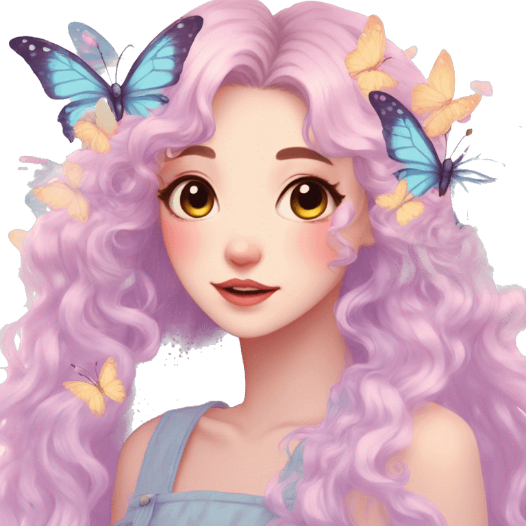 gorgeous anime pastel lady with butterflies and beautiful hair fairycore cottagecore emoji