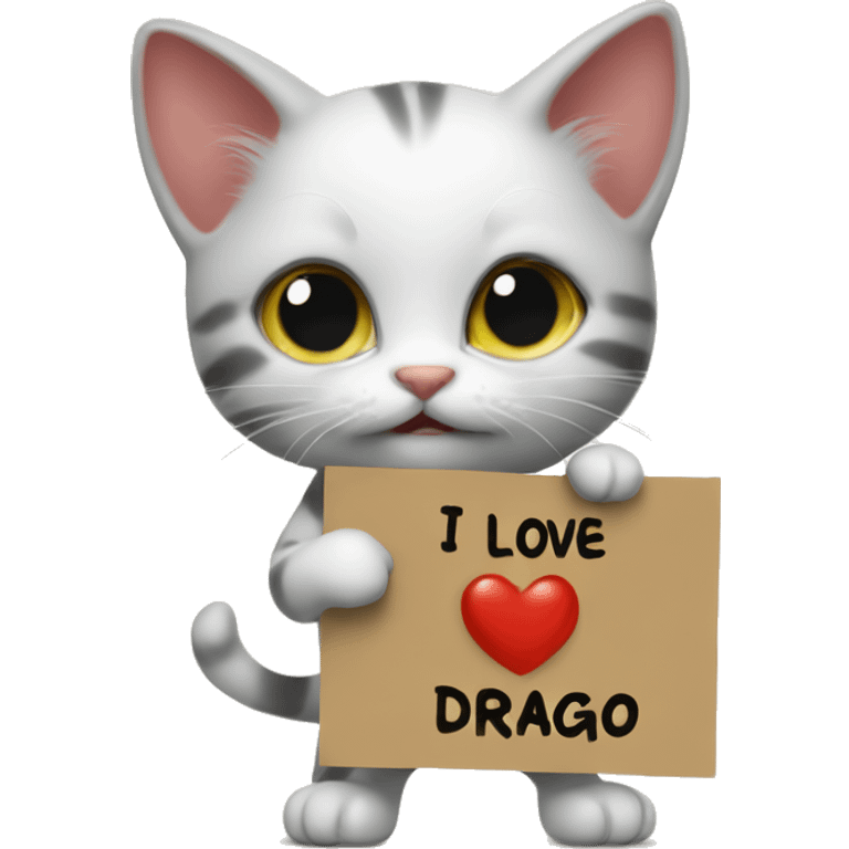 a kitten holding a sign with the inscription I love drago emoji