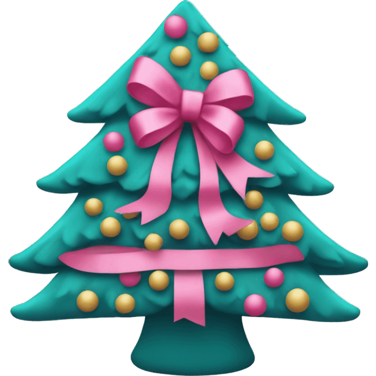 Pink Christmas tree with a teal bow emoji