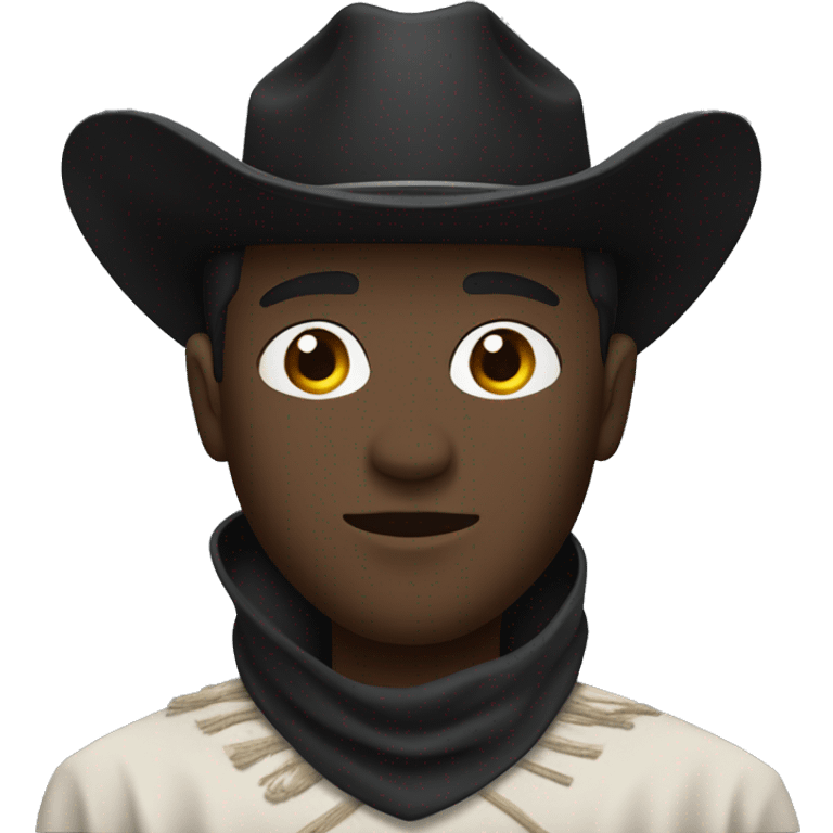 a black guy with fair skin, wearing a black cowboy hat and a black bandana covering the lower part of his face. A dark brown poncho is visible. Angle: upper body, accent on the face emoji