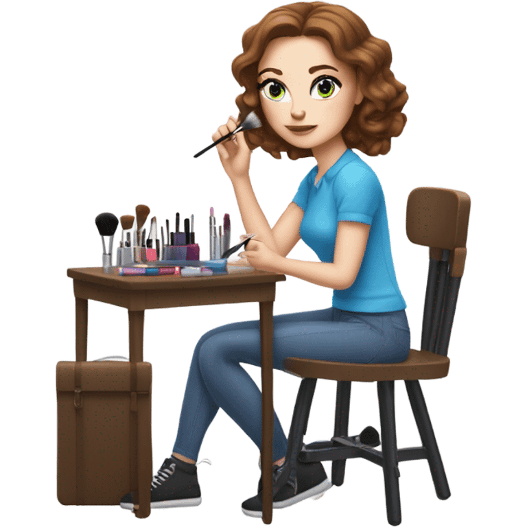 White girl with freakles brunett blue eyes with makeup kit and a chair doing her makeup emoji