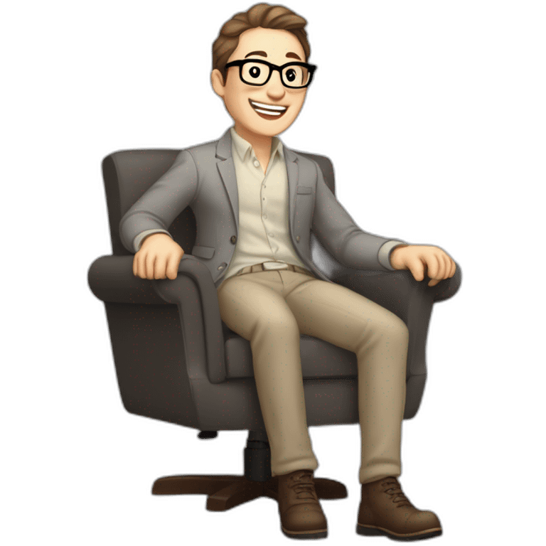 Joyful Celebrating victory thrumb up Pale skinned Fit Man With dark brown hair in gray jacket, beige office shirt, Brown pants and vintage glasses sitting In a soft chair emoji