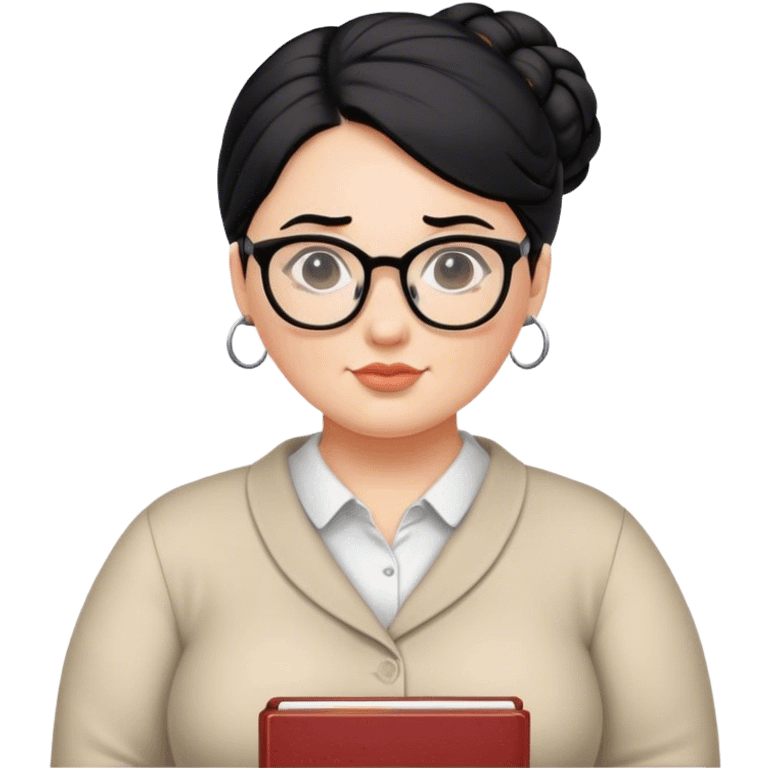 pale chubby female teacher with black hair in a updo bun, wearing glasses emoji