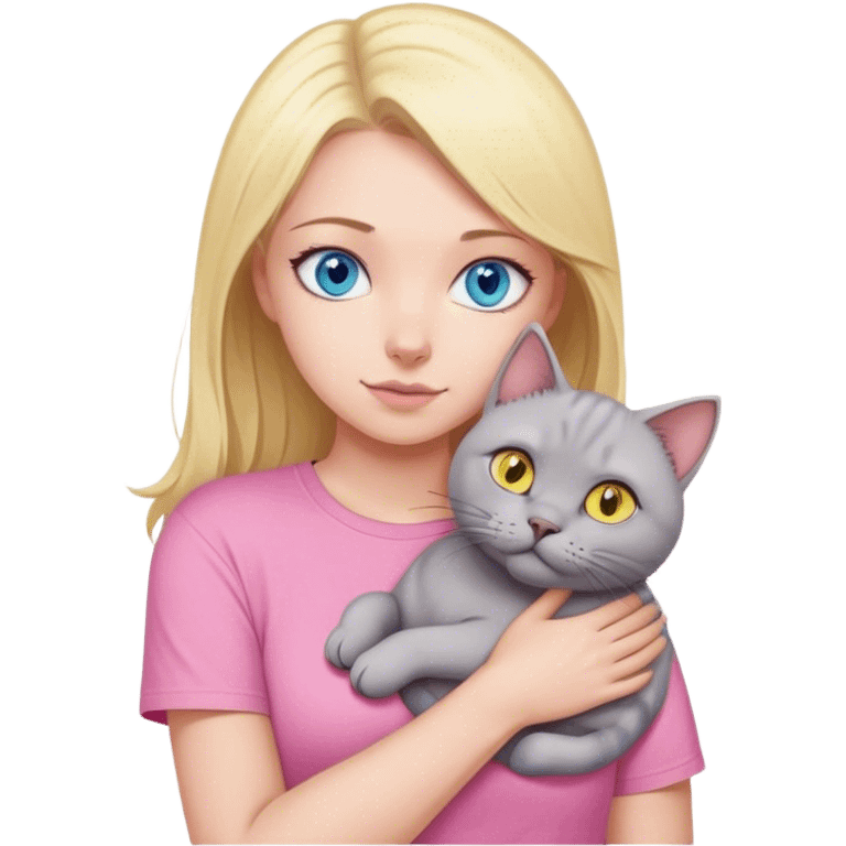 A blonde with blue eyes in a pink T-shirt hugs her big grey British cat with yellow eyes emoji